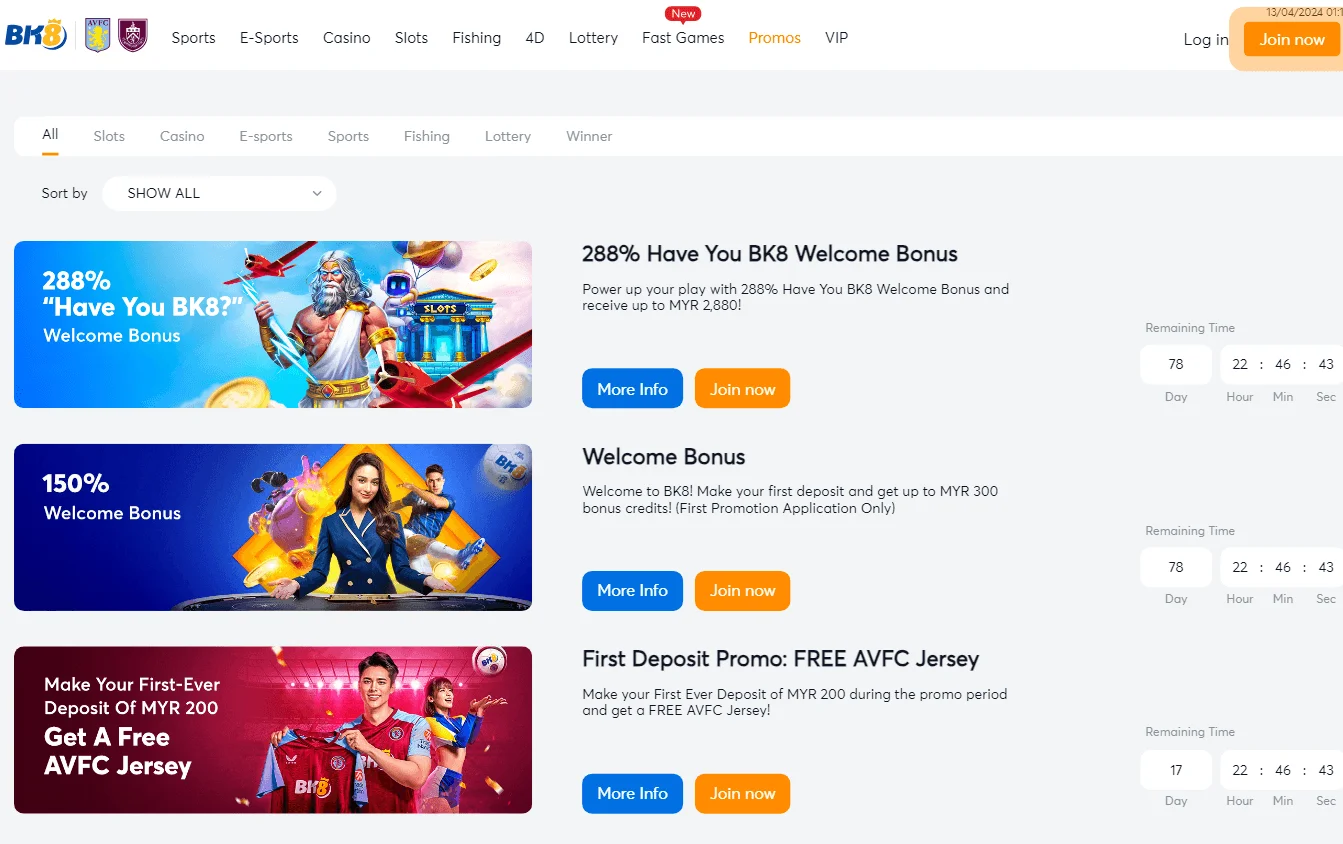 BK8 Casino promotions area with welcome and reload offers
